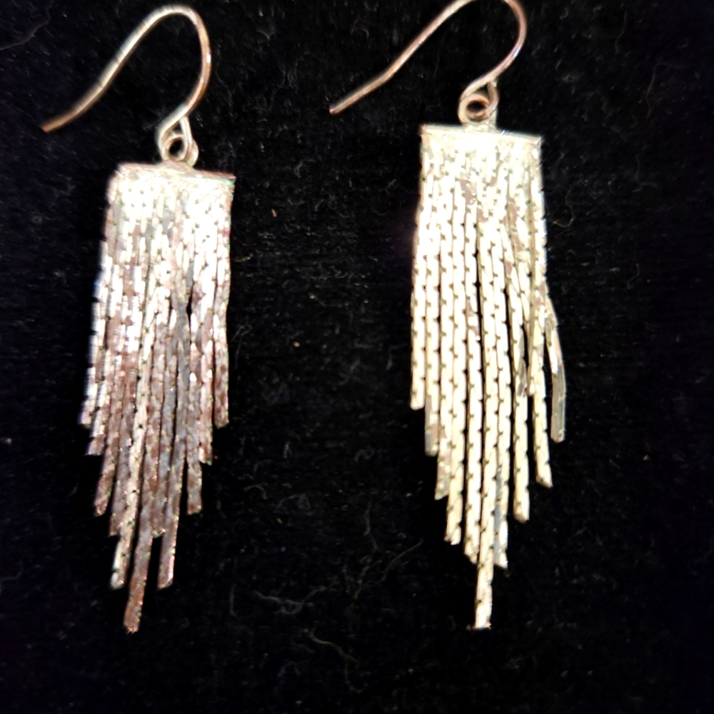 Sterling electroplated fringe earrings. Hooks appear to be copper/silver